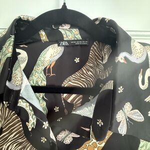 New, Zara Black Blouse with Peacock and Zebra Print